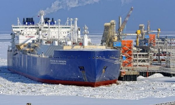 The Sovcomflot-operated icebreaking LNG carrier Christophe de Margerie at Yamal LNG on the Northern Sea Route. The de Margerie and her sister ships are specially designed for the conditions of the NSR. (Total)